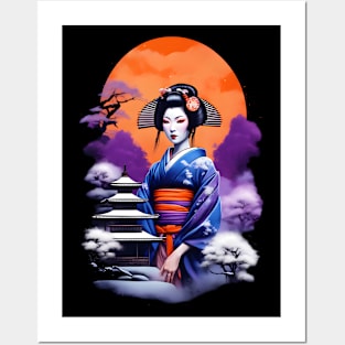 Japanese geisha in a winter garden Posters and Art